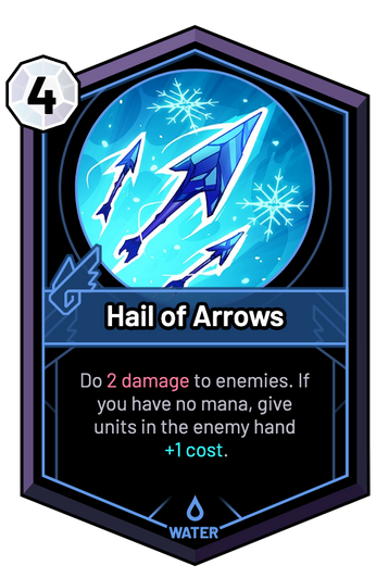 Hail of Arrows - Do 2 Damage to enemies. If you have no mana, give units in the enemy hand +1c.