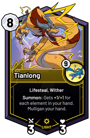 Tianlong - Summon: Gets +1/+1 for each element in your hand. Mulligan your hand.