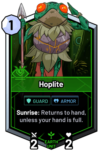 Hoplite - Sunrise: Returns to hand, unless your hand is full.