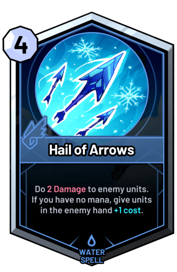 Hail of Arrows - Do 2 Damage to enemy units. If you have no mana, give units in the enemy hand +1c.