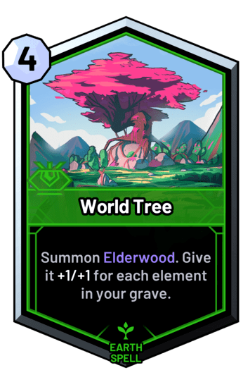 World Tree - Summon Elderwood. Give it +1/+1 for each element in your grave.