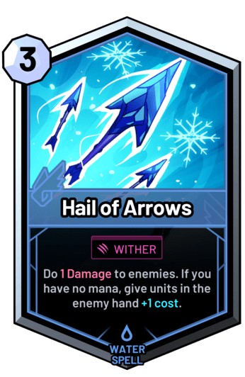 Hail of Arrows - Do 1 Damage to enemies. If you have no mana, give units in the enemy hand +1c.