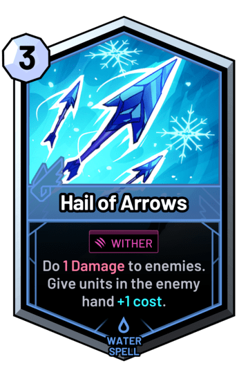 Hail of Arrows - Do 1 Damage to enemies. Give units in the enemy hand +1 cost.