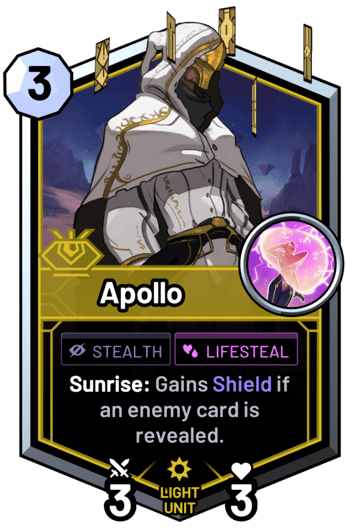 Apollo - Sunrise: Gains Shield if an enemy card is revealed.